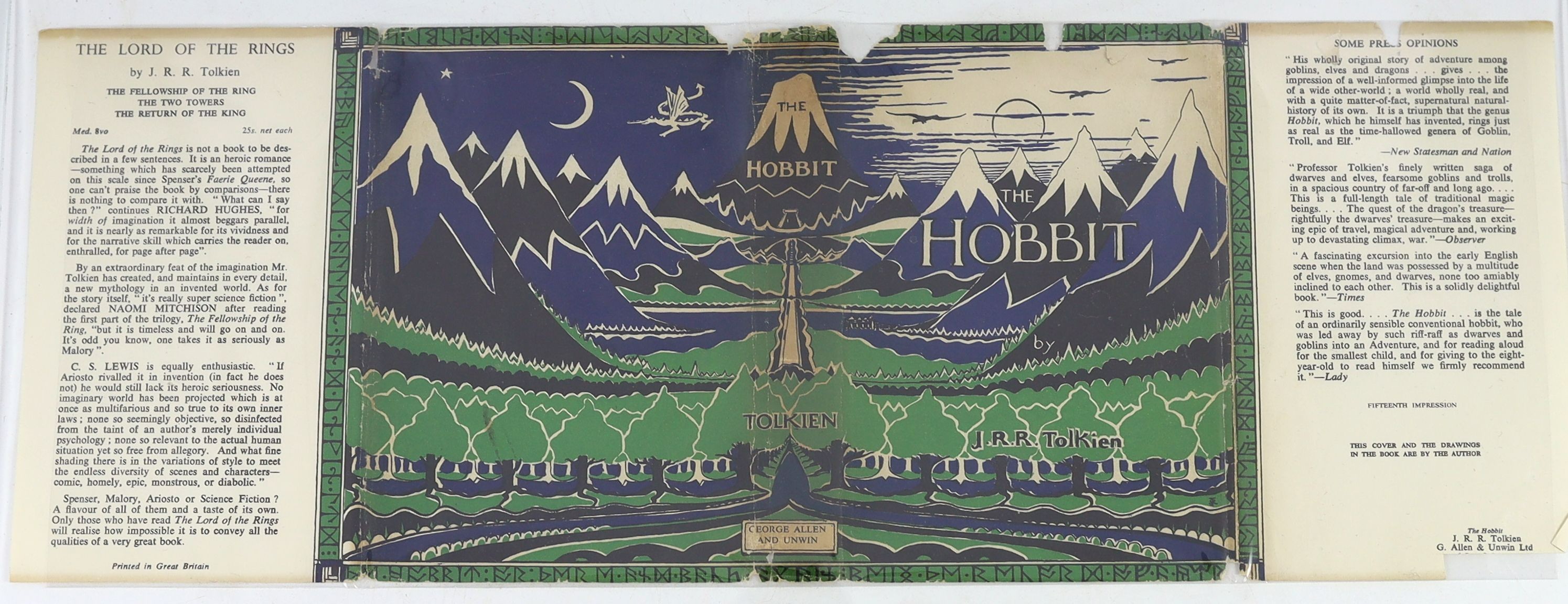Tolkien, John Ronald Reuel - The Hobbit, 2nd edition, 15th impression, map endpapers, original green cloth in clipped d/j, with small tears and some loss, George Allen and Unwin, London, 1965